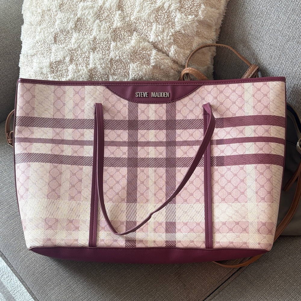 Steve Madden Pink Plaid Tote with Plum Trim and Straps